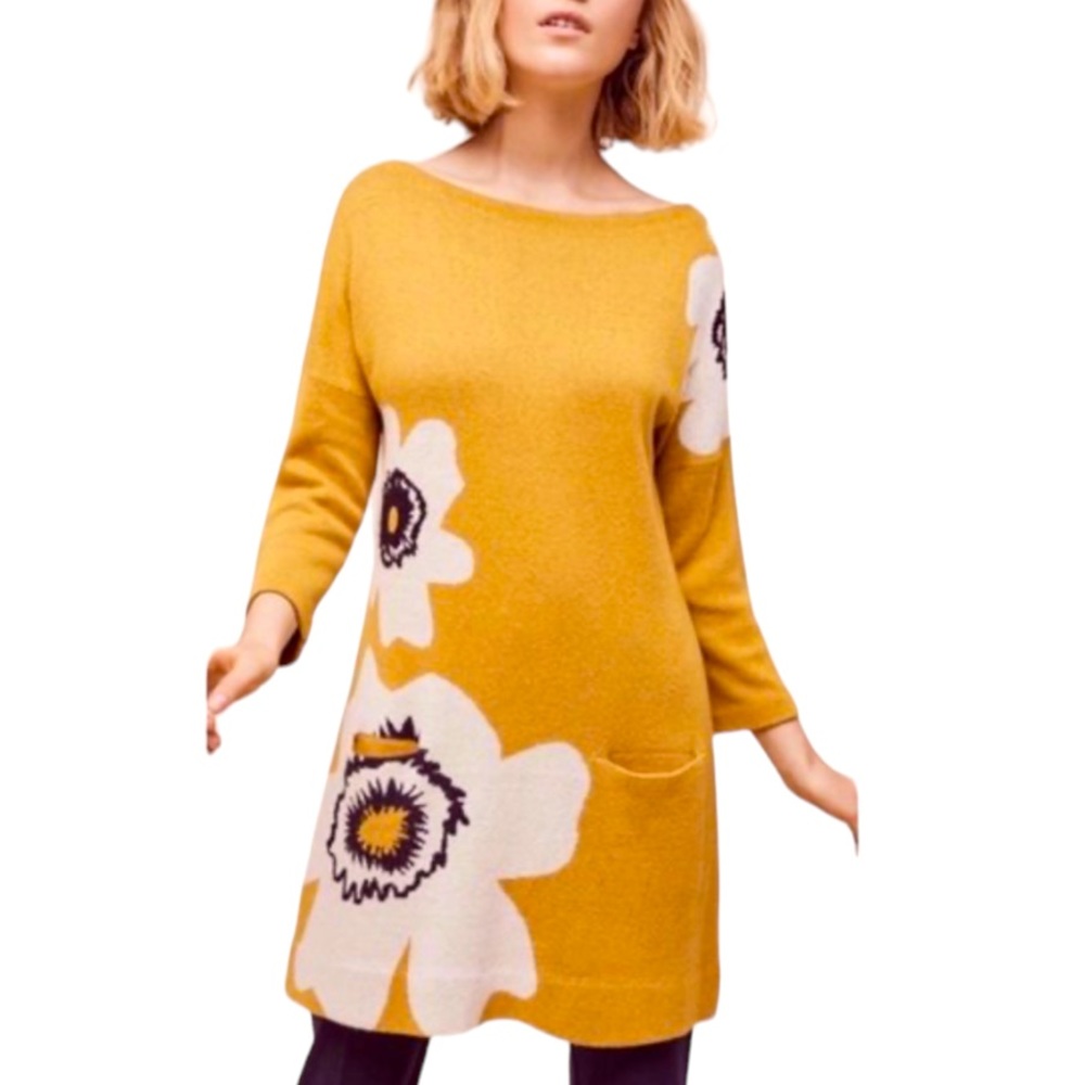 Anthropologie Field Flower Yellow Poppy Sweater Dress X-Small‎
